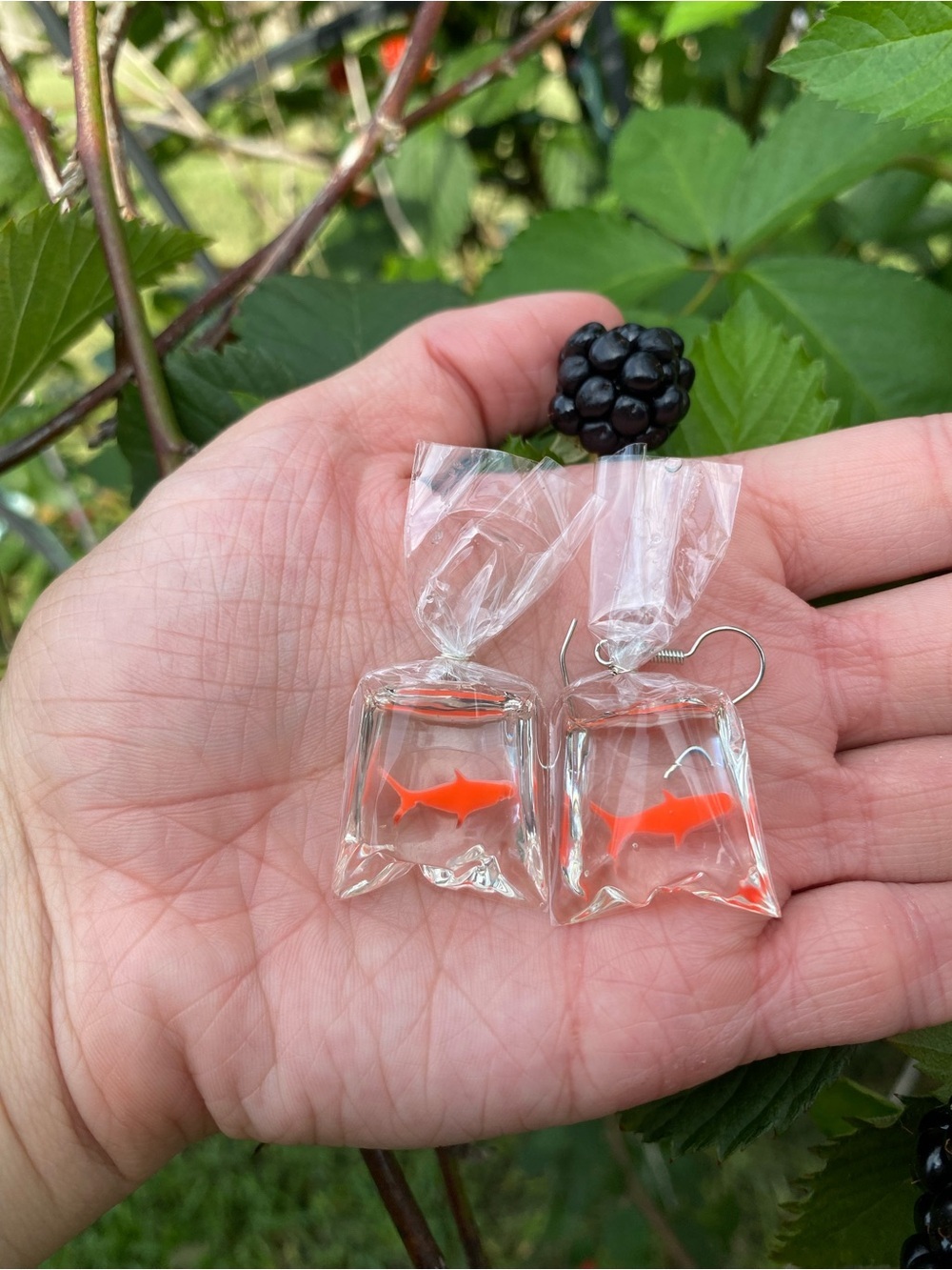 Kawaii Fun! Clear Bag Fish Earrings with Bright Orange Fish NWT